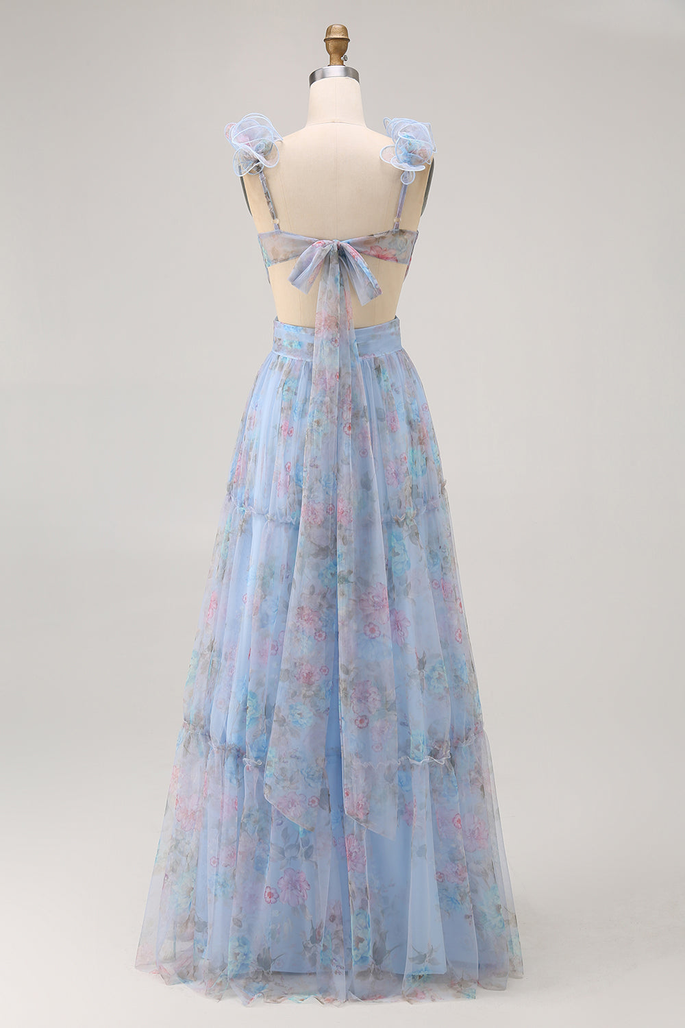 Blue Floral A Line V-Neck Long Bridesmaid Dress with Bow