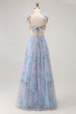 Blue Floral A Line V-Neck Long Bridesmaid Dress with Bow