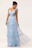 Blue V-Neck Floral A Line Long Bridesmaid Dress with Bow