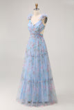Blue Floral A Line V-Neck Long Bridesmaid Dress with Bow