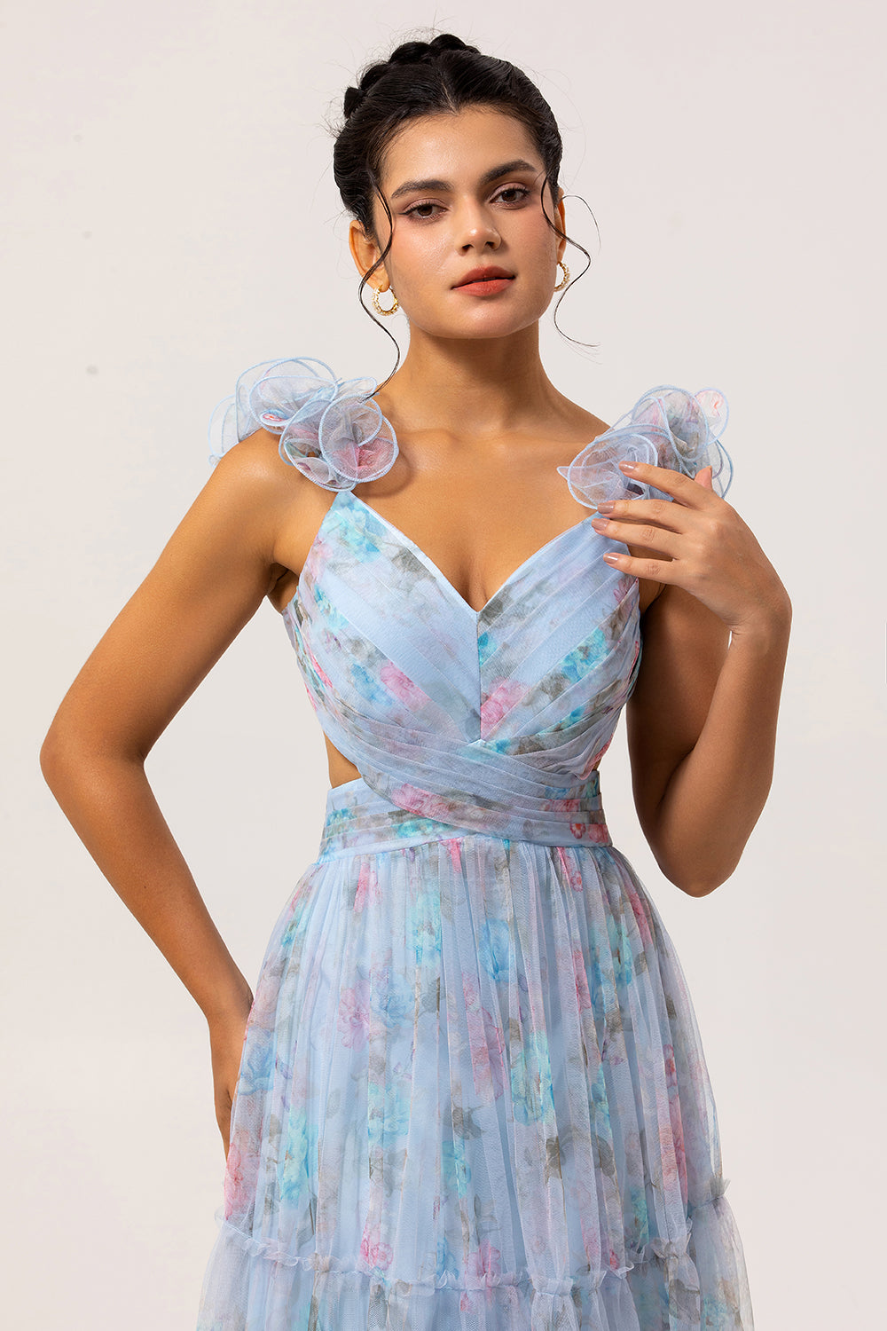Blue V-Neck Floral A Line Long Bridesmaid Dress with Bow
