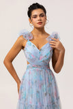 Blue V-Neck Floral A Line Long Bridesmaid Dress with Bow