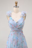 Blue Floral A Line V-Neck Long Bridesmaid Dress with Bow