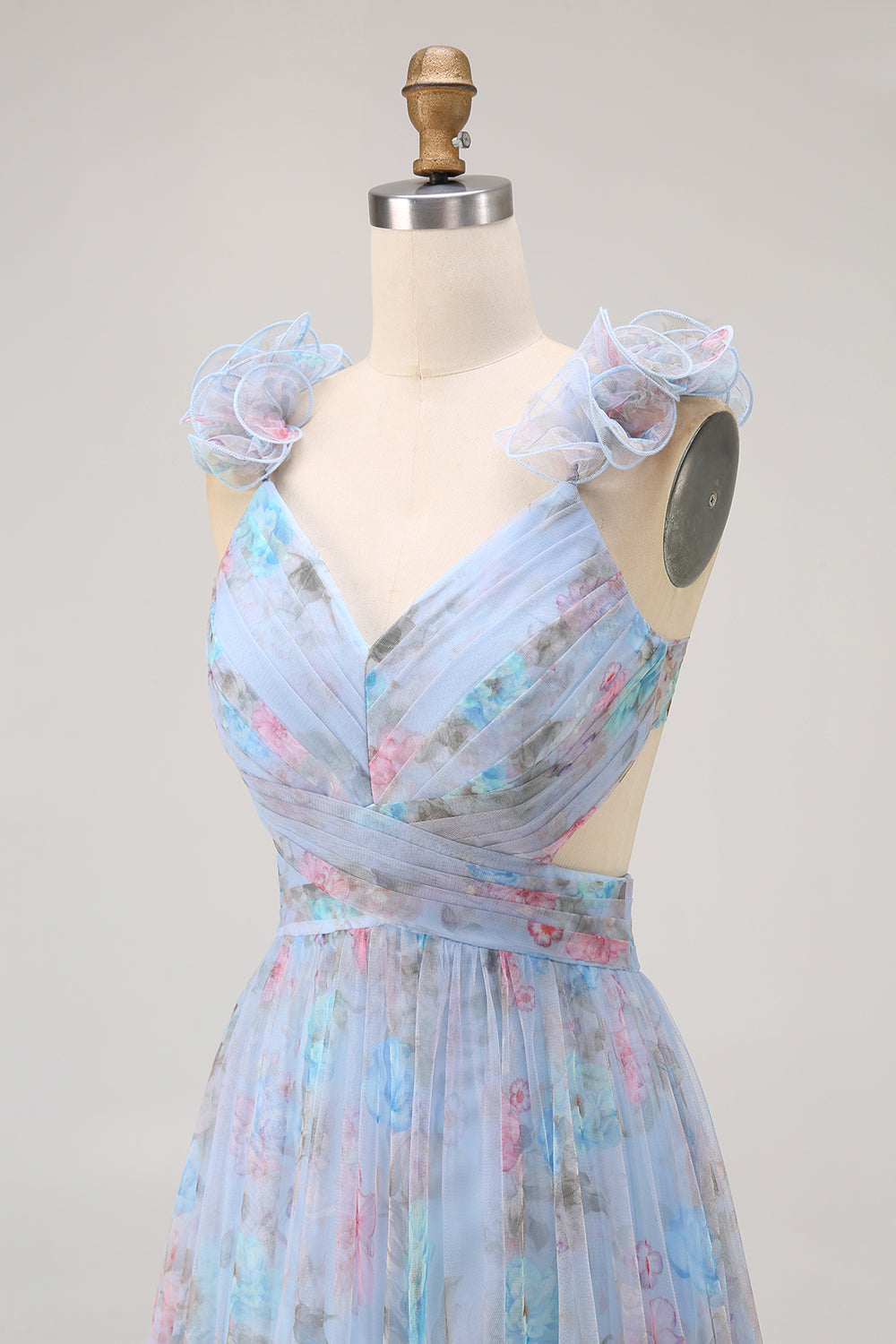 Blue Floral A Line V-Neck Long Bridesmaid Dress with Bow