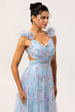 Blue V-Neck Floral A Line Long Bridesmaid Dress with Bow