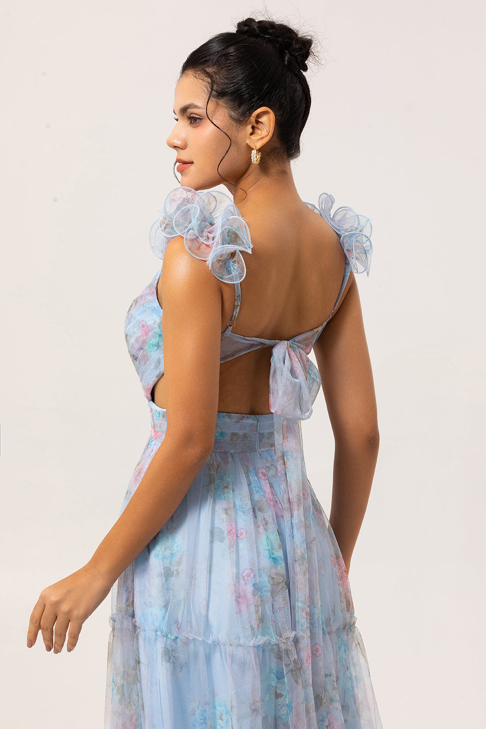 Blue V-Neck Floral A Line Long Bridesmaid Dress with Bow