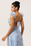 Blue V-Neck Floral A Line Long Bridesmaid Dress with Bow