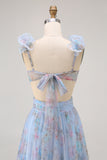 Blue Floral A Line V-Neck Long Bridesmaid Dress with Bow