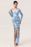 Blue One Shoulder Floral Satin Long Bridesmaid Dress with Slit
