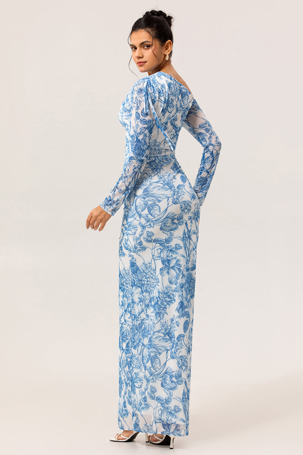 Blue One Shoulder Floral Satin Long Bridesmaid Dress with Slit