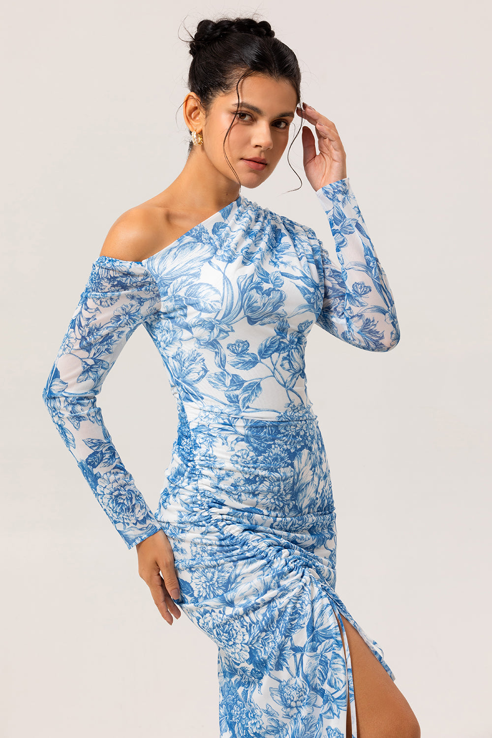 Blue One Shoulder Floral Satin Long Bridesmaid Dress with Slit