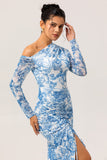 Blue One Shoulder Floral Satin Long Bridesmaid Dress with Slit