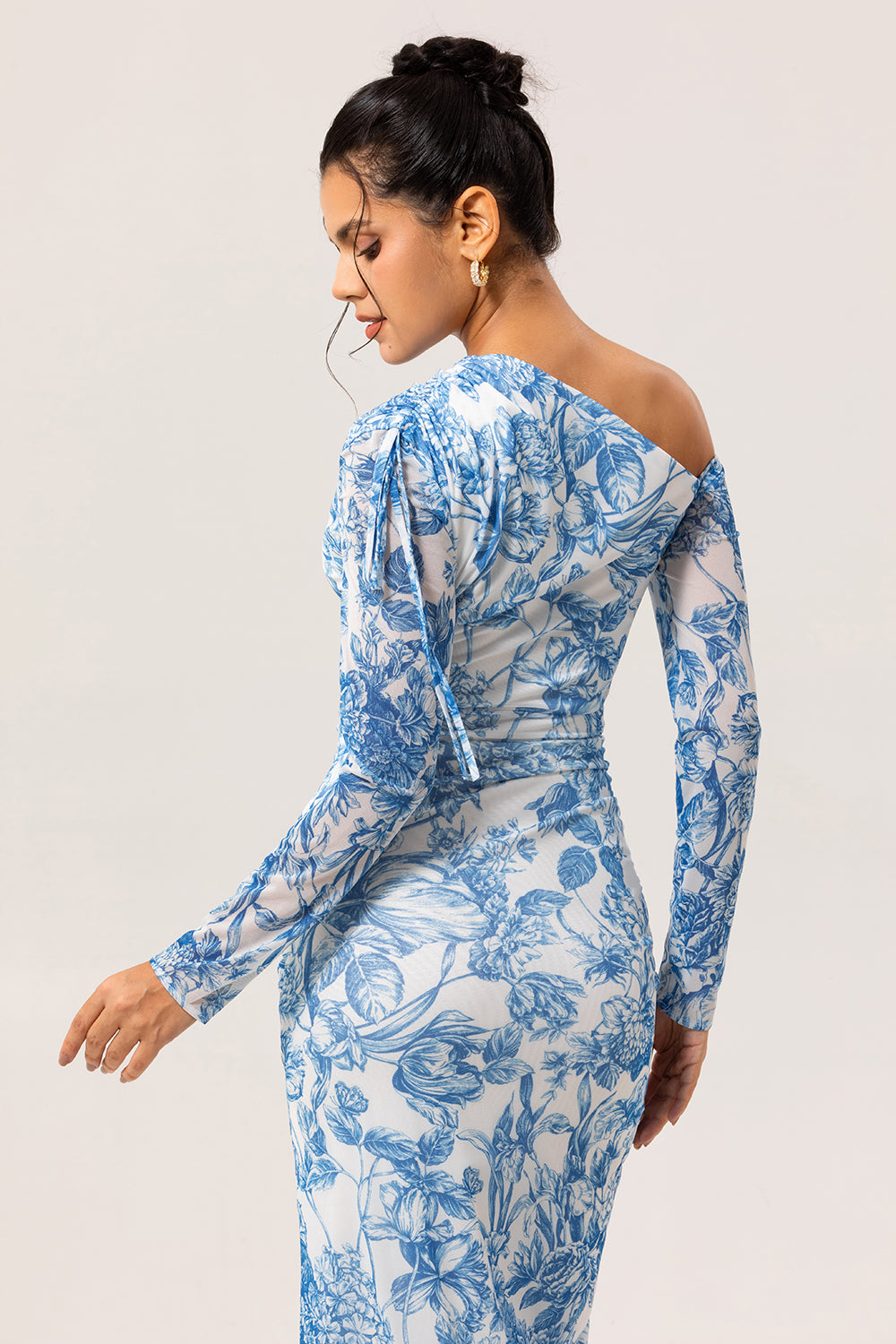 Blue One Shoulder Floral Satin Long Bridesmaid Dress with Slit