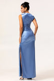 Simple Blue Satin Mermaid Long Bridesmaid Dress with Slit