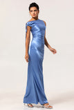 Simple Blue Satin Mermaid Long Bridesmaid Dress with Slit