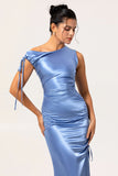 Simple Blue Satin Mermaid Long Bridesmaid Dress with Slit