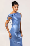 Simple Blue Satin Mermaid Long Bridesmaid Dress with Slit