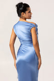 Simple Blue Satin Mermaid Long Bridesmaid Dress with Slit