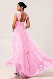 Blush Pink Chiffon Long A Line Bridesmaid Dress with Slit