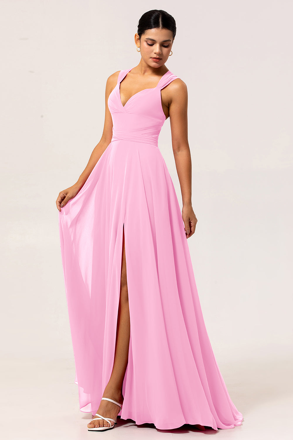 Zapakasa Women Blush Pink Chiffon Long Bridesmaid Dress with Slit Straps A Line Wedding Guest Dress with Sash Zapakasa Women Blush Pink Chiffon Long Bridesmaid Dress with Slit Straps A Line Wedding Guest Dress with Sash