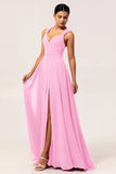 Blush Pink Chiffon Long A Line Bridesmaid Dress with Slit