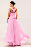 Blush Pink Chiffon Long A Line Bridesmaid Dress with Slit