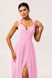 Blush Pink Chiffon Long A Line Bridesmaid Dress with Slit