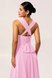 Blush Pink Chiffon Long A Line Bridesmaid Dress with Slit