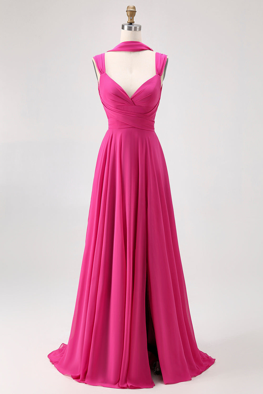 Zapakasa Women Fuchsia Chiffon Long Bridesmaid Dress with Slit A Line Straps Wedding Guest Dress with Sash Zapakasa Women Fuchsia Chiffon Long Bridesmaid Dress with Slit A Line Straps Wedding Guest Dress with Sash