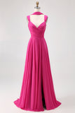 Blush Pink Chiffon Long A Line Bridesmaid Dress with Slit