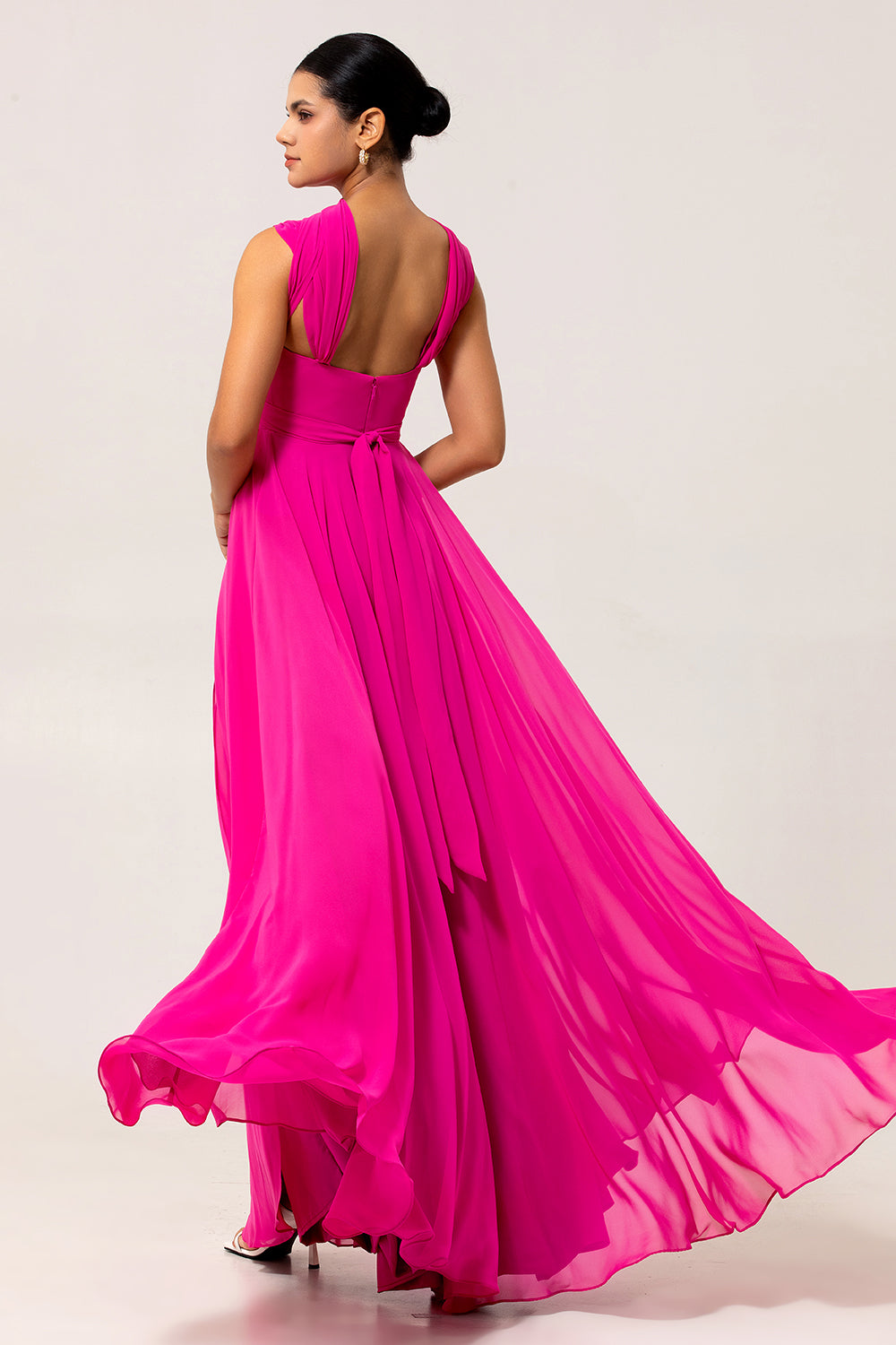 Zapakasa Women Fuchsia Chiffon Long Bridesmaid Dress with Slit A Line Straps Wedding Guest Dress with Sash Zapakasa Women Fuchsia Chiffon Long Bridesmaid Dress with Slit A Line Straps Wedding Guest Dress with Sash