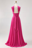 Blush Pink Chiffon Long A Line Bridesmaid Dress with Slit