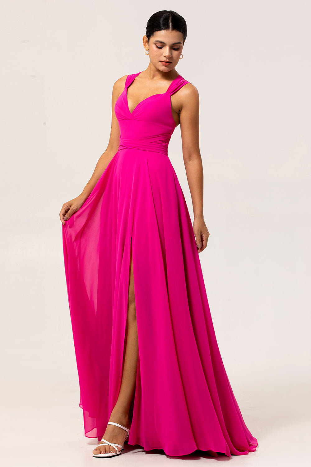 Blush Pink Chiffon Long A Line Bridesmaid Dress with Slit