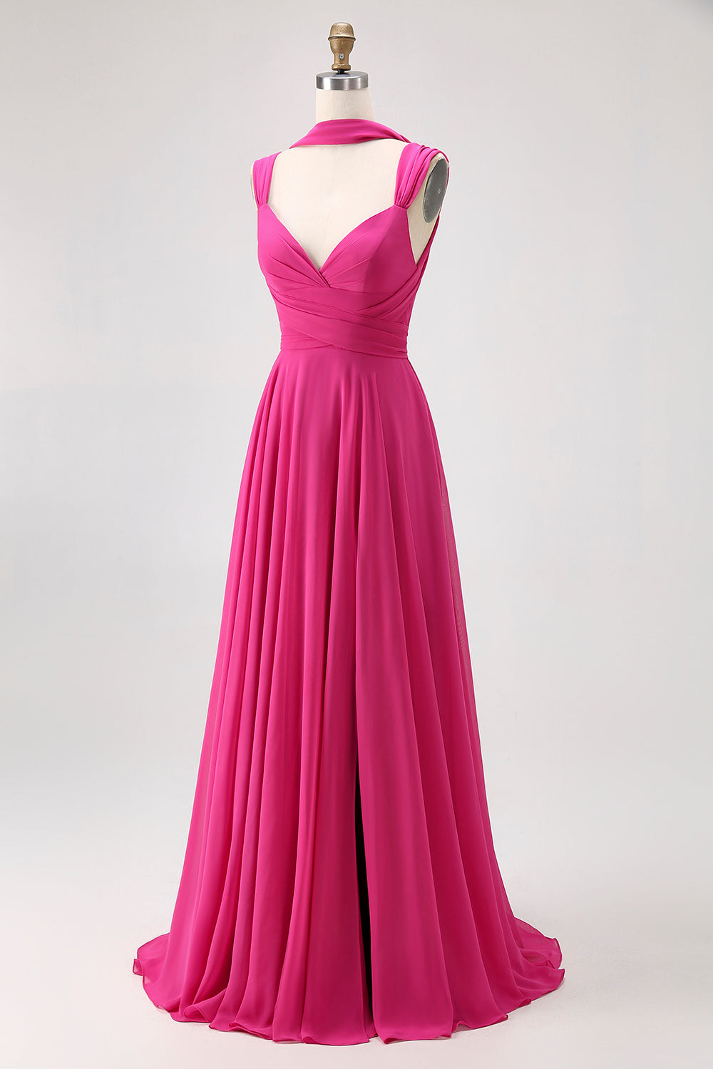 Fuchsia Chiffon A Line Long Bridesmaid Dress with Slit