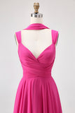 Fuchsia Chiffon A Line Long Bridesmaid Dress with Slit