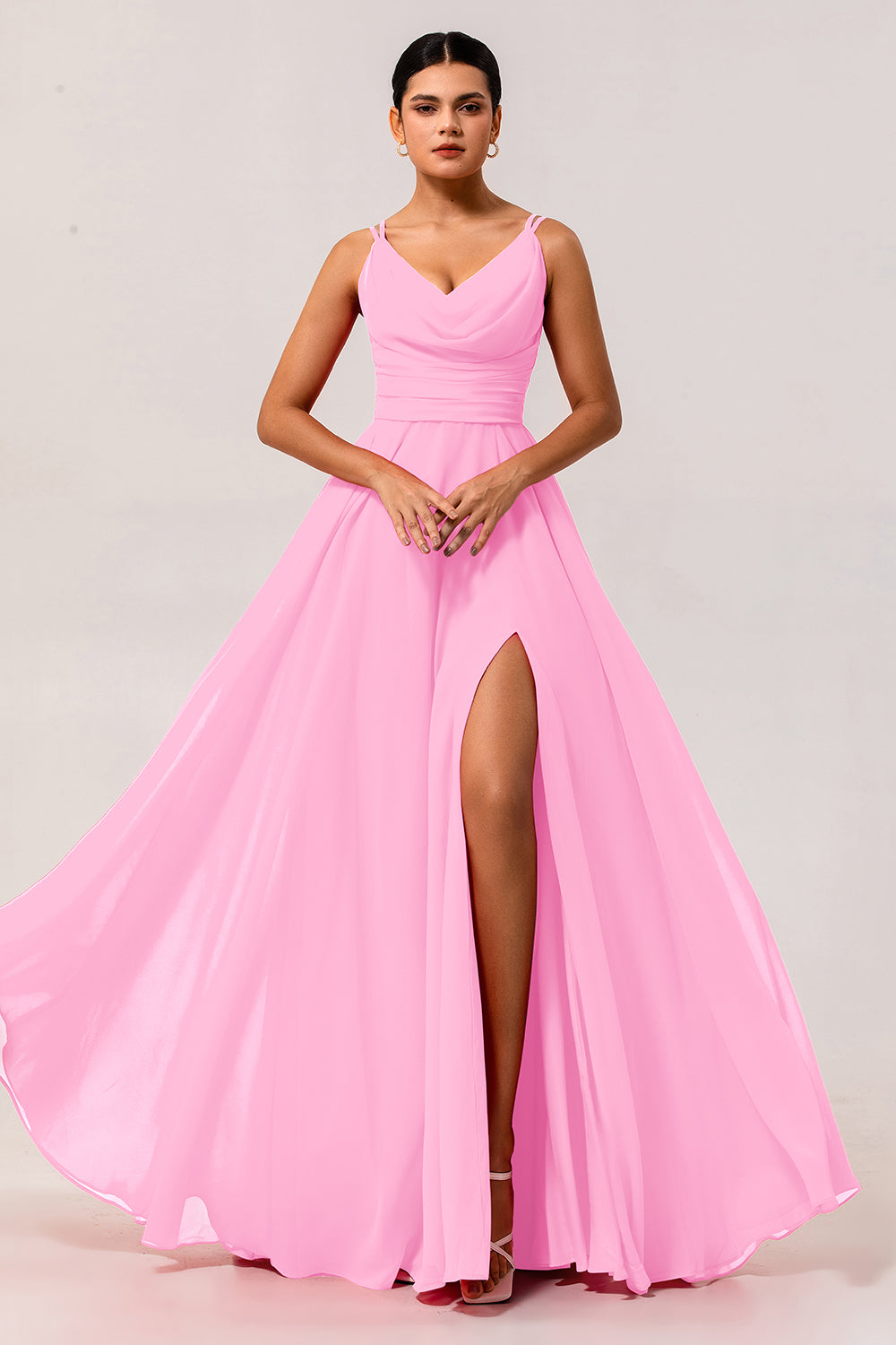 Zapakasa Women Hot Pink Chiffon Long Wedding Guest Dress with Slit Cowl Neck A Line Bridesmaid Dress Zapakasa Women Hot Pink Chiffon Long Wedding Guest Dress with Slit Cowl Neck A Line Bridesmaid Dress