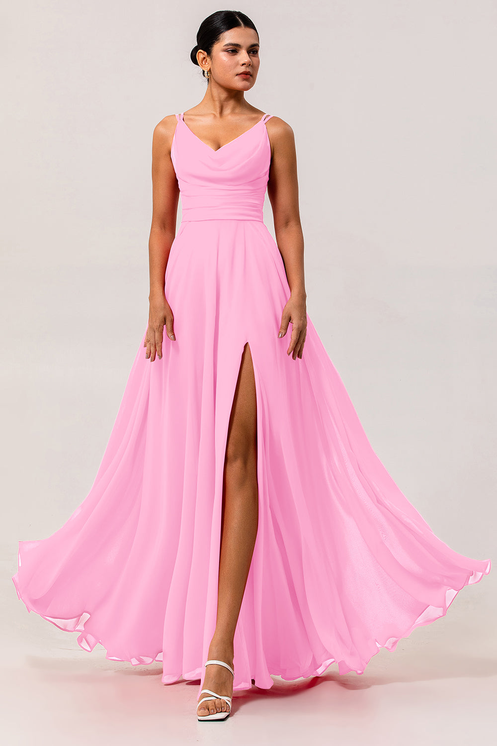 Blush Pink A Line Long Chiffon Wedding Guest Dress with Slit