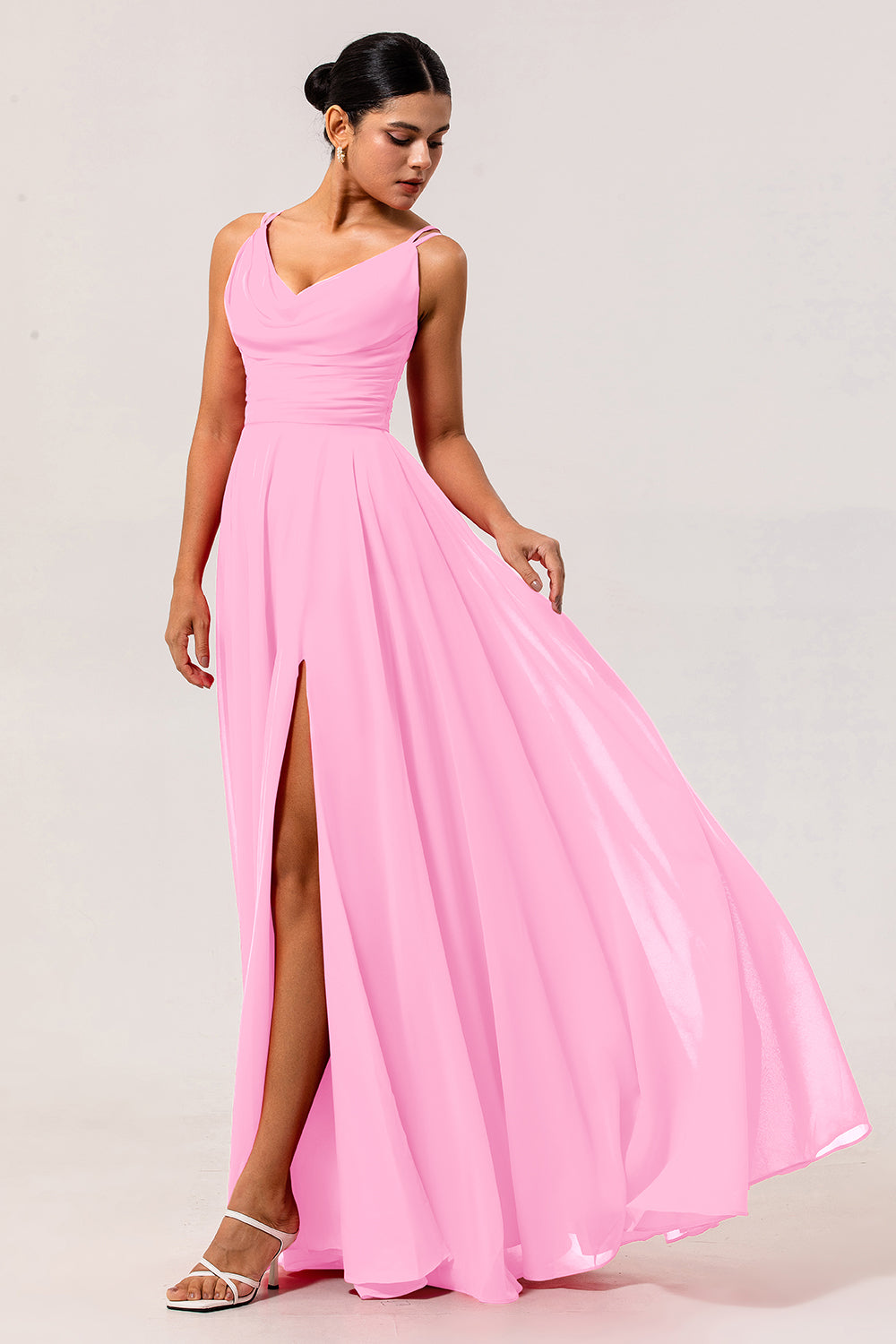 Blush Pink A Line Long Chiffon Wedding Guest Dress with Slit