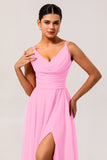 Blush Pink A Line Long Chiffon Wedding Guest Dress with Slit