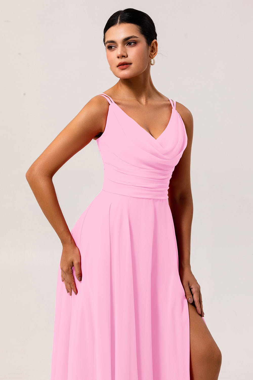 Blush Pink A Line Long Chiffon Wedding Guest Dress with Slit
