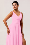 Blush Pink A Line Long Chiffon Wedding Guest Dress with Slit
