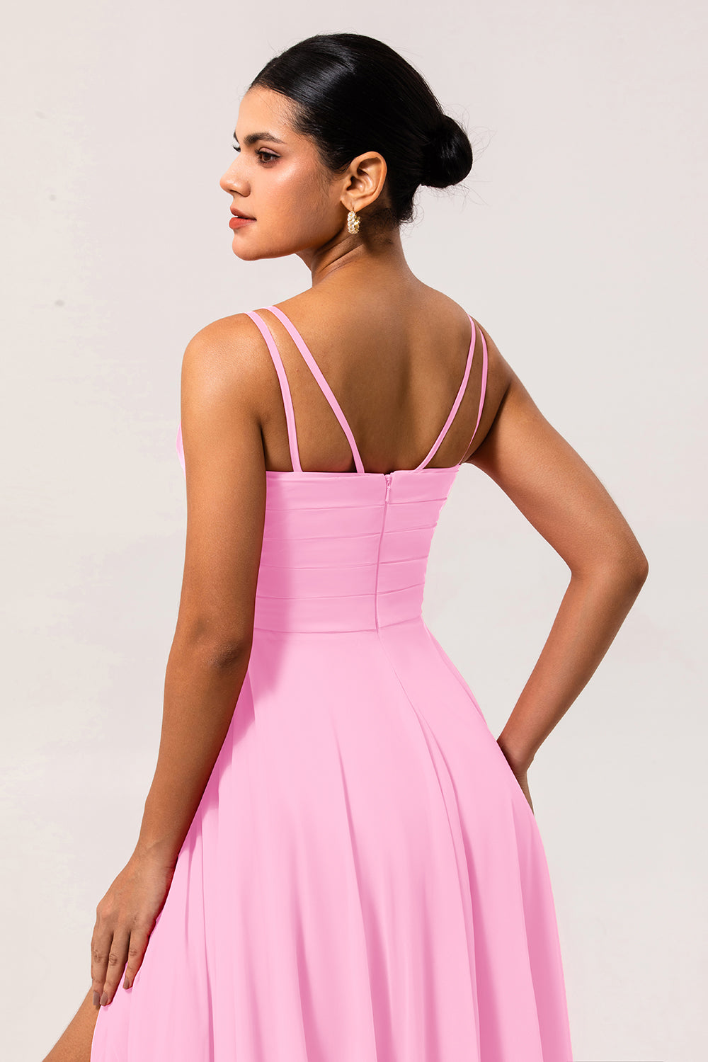 Zapakasa Women Blush Pink Chiffon Long Wedding Guest Dress with Slit A Line Cowl Neck Bridesmaid Dress