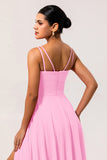 Blush Pink A Line Long Chiffon Wedding Guest Dress with Slit