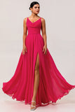 Blush Pink A Line Long Chiffon Wedding Guest Dress with Slit