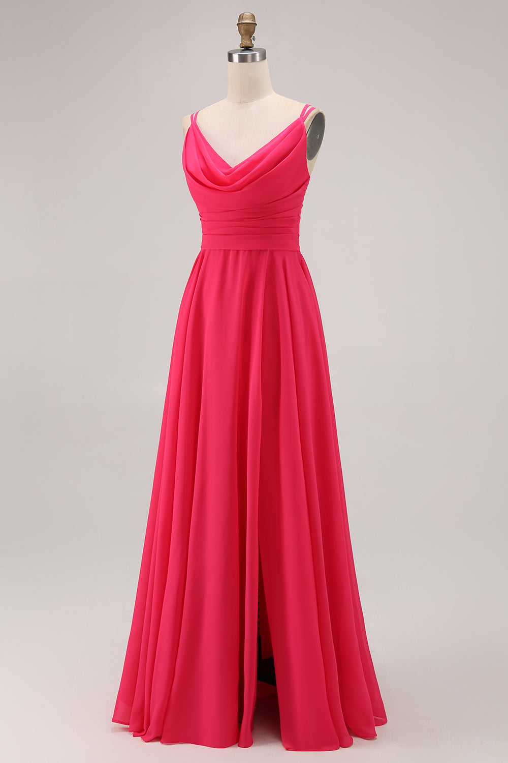 Hot Pink A Line Chiffon Long Wedding Guest Dress with Slit