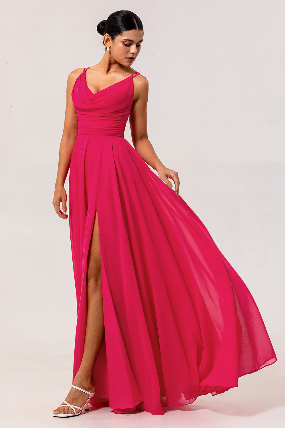 Zapakasa Women Hot Pink Chiffon Long Wedding Guest Dress with Slit Cowl Neck A Line Bridesmaid Dress Zapakasa Women Hot Pink Chiffon Long Wedding Guest Dress with Slit Cowl Neck A Line Bridesmaid Dress