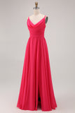 Hot Pink A Line Chiffon Long Wedding Guest Dress with Slit