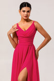 Blush Pink A Line Long Chiffon Wedding Guest Dress with Slit