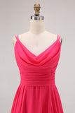 Hot Pink A Line Chiffon Long Wedding Guest Dress with Slit
