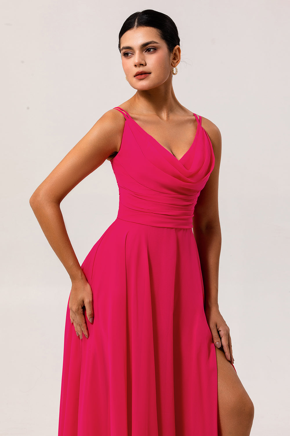 blush pink dress for wedding guest Zapakasa Women Blush Pink Chiffon Long Wedding Guest Dress with Slit A Line Cowl Neck Bridesmaid Dress